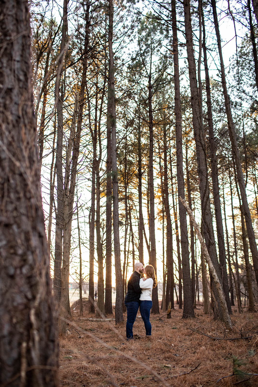 Engaged couple portrait by a lake