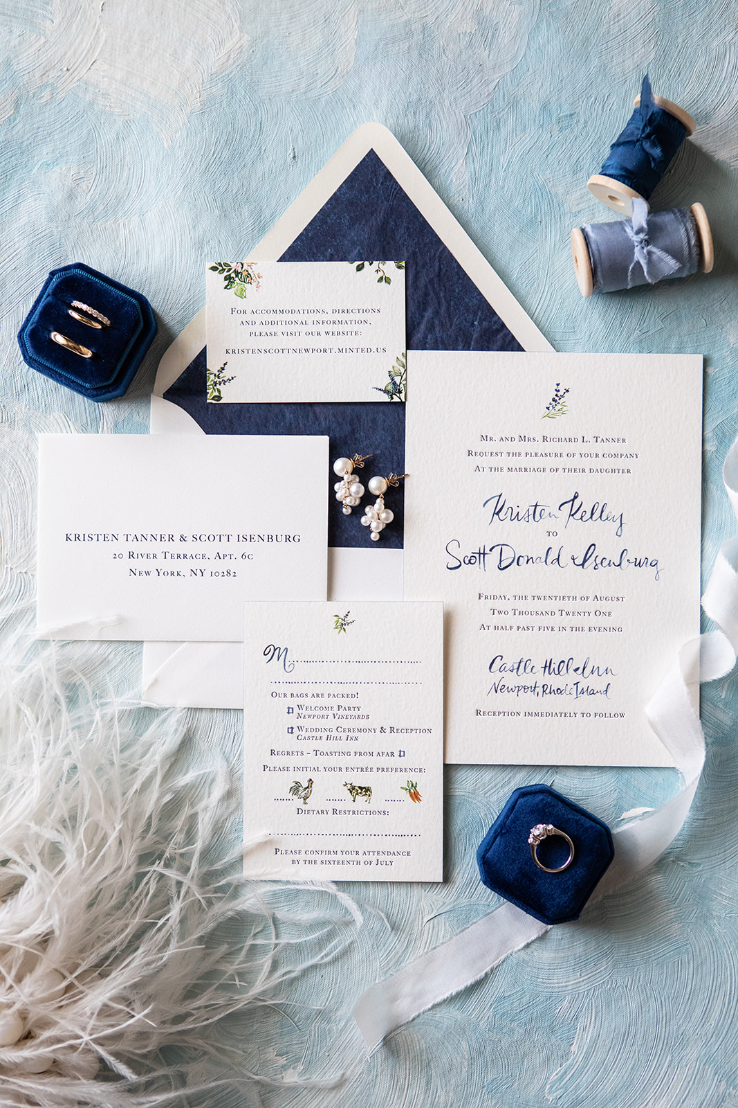 Kristen and Scott wedding invitation flat lay